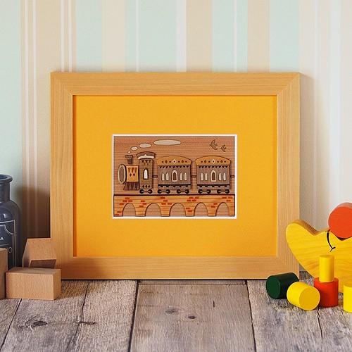 木はり絵手作りキット「汽車」　〜　ペーパークラフト感覚でできる木製アート　ギフトにもどうぞ