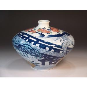 染錦松鶴文様花瓶｜有田焼 陶芸作家 藤井錦彩作 : 有田焼 藤井錦彩窯