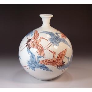 受注生産 薩摩焼 沈壽官窯（ちんじゅかん）白薩摩桔梗口花瓶 梅牡丹 代