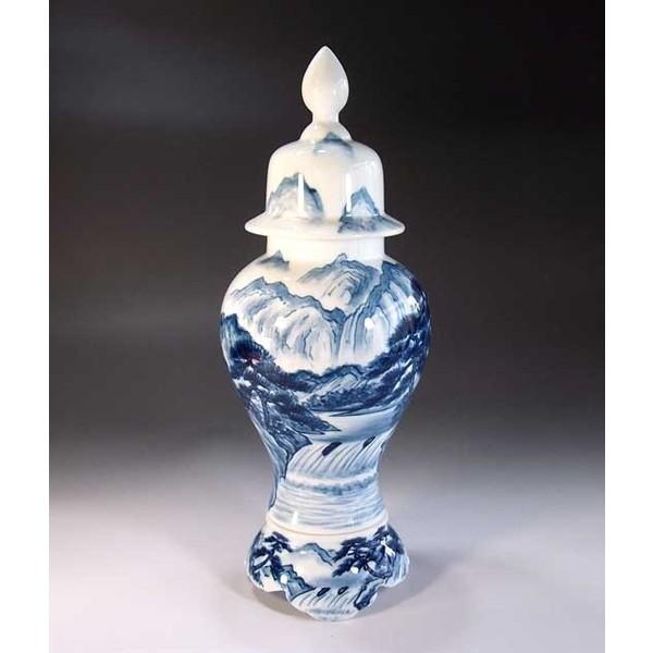 有田焼　古伊万里様式染付山水画飾り沈香壺｜陶芸作家　藤井錦彩 作