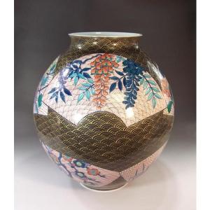 有田焼 金欄手様式青海波扇割花絵花瓶|陶芸作家...の詳細画像2