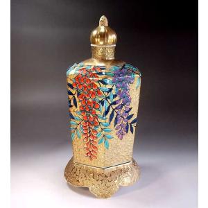 錦彩 壺 壷 藤井錦彩 ?? 飾り壷 在銘 大きい 有田焼 陶芸家 藤井錦彩作】有田焼美術品 染錦黄金藤絵飾り特大