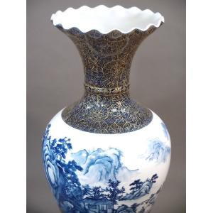 染錦金彩唐草割山水絵波渕飾り壺|有田焼 陶芸作...の詳細画像2