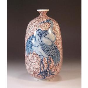 有田焼 染付蛸唐草鶴首花瓶｜陶芸作家 藤井錦彩 作 : 有田焼 藤井錦彩