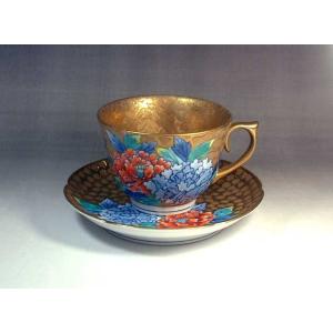 有田焼 陶芸家 藤井錦彩作 染錦金彩紫陽花絵コーヒーカップペアセット