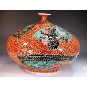 有田焼 金欄手様式青海波扇割花鳥絵花瓶|陶芸作...の詳細画像1