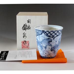 青磁古染付鶴絵焼酎カップ｜有田焼 陶芸家 藤井錦彩作｜桐箱入｜陶器