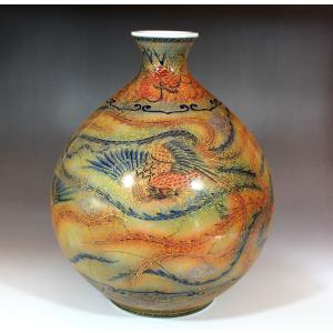 古伊万里様式金彩松竹梅鶴絵鶴首花瓶｜有田焼 陶芸作家 藤井錦彩作