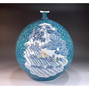 有田焼 染付山水画飾り壺｜陶芸作家 藤井錦彩 作 : 有田焼 藤井錦彩窯