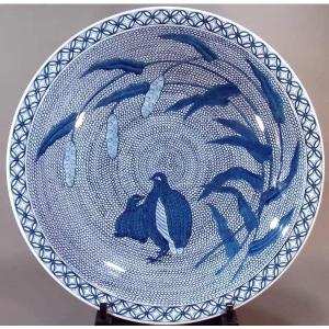 有田焼 染付鶉絵飾り大皿|陶芸作家 藤井錦彩 作の詳細画像1