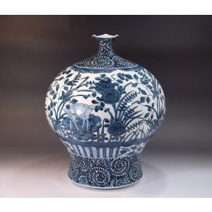 染付金彩鶉絵花瓶｜有田焼 陶芸作家 藤井錦彩作 : 有田焼 藤井錦彩窯