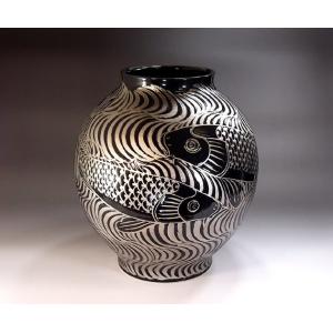 古染付蛸唐草割鹿景図花瓶｜有田焼 陶芸作家 藤井錦彩作 : 有田焼 藤井