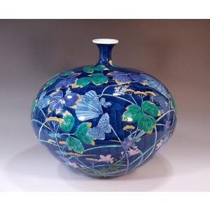 どどど有田染錦アヤメ花瓶 有田焼 陶芸家 藤井錦彩作】有田焼美術品 染錦プラチナ彩紫陽花絵飾り
