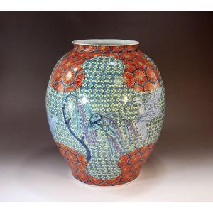 古染付蛸唐草割鹿景図花瓶｜有田焼 陶芸作家 藤井錦彩作 : 有田焼 藤井