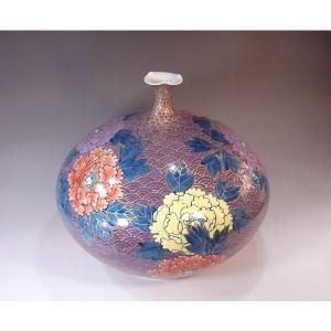 有田焼 染錦金彩青海波牡丹絵花瓶|陶芸作家 藤...の詳細画像1