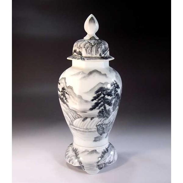 有田焼　古伊万里様式染付墨山水画飾り沈香壺｜陶芸作家　藤井錦彩 作