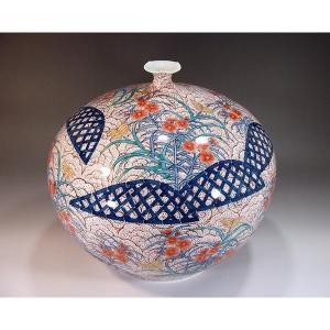 有田焼 色鍋島様式撫子絵花瓶|陶芸作家 藤井錦彩 作の詳細画像1