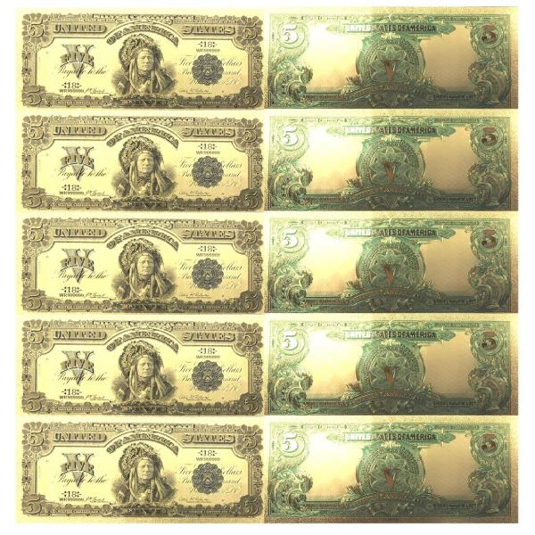 5枚セット！レア！アメリカ1899年5ドルゴールド記念紙幣 24K 長財布 縁起物 風水幸運 金箔純...