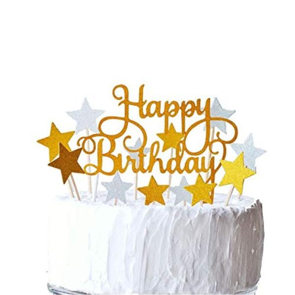 Happy Birthday + スター ケーキトッパー グリッター 誕生日 ケーキ トッパー バー...