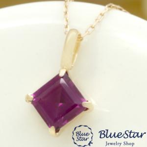ロードライトガーネットスクエアカット 1粒ネックレス レディース K10YG 40cm BlueSt...