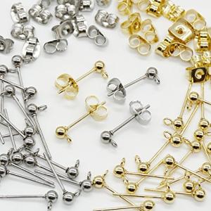 サージカルステンレス カン付き ピアス パーツ 3mm 丸玉 キャッチ付き ゴールド シルバー 2色20ペア40個 セット｜kirelab-net