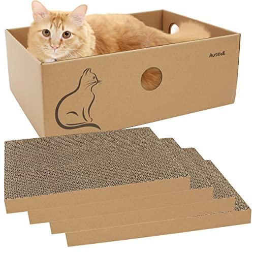 AUSCAT 猫爪とぎ 猫用段ボールつめとぎ 取り換え用爪研ぎ4枚入り 猫ベッド兼用 箱型 37×2...