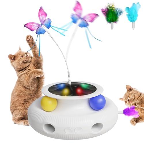 最新型NUYIERA 猫 玩具 一人遊び 猫 おもちゃ 4in1猫じゃらし 蝶々回転/猫ボール/羽根...