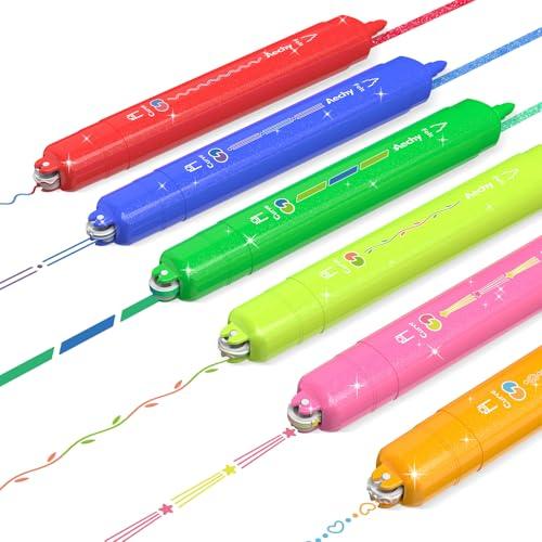 Aechy カーブペン 2色ラインマーカー 6種類模様 水性ツインヘッド ローラースタンプ＆ラメ入り...