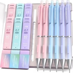 Four Candies 0.7mm シャープペンシルセット - 6本のかわいい鉛筆と360本のHB/2B芯リフィル、3本のパステル消しゴムと9｜kirelab-net