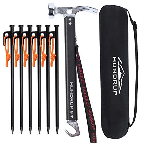 革新版ペグハンマーセット HUNDRUP 鍛造ペグ30CM 6本 反射材ロープ付き テントハンマー ...