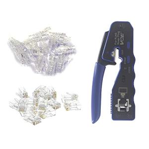 VCE GJ670BL RJ45圧着工具+貫通式RJ45コネクタ+保護カバー CAT6、CAT5 LANケーブル用 配線簡単 圧着中切断 爪折れ｜kirelab-net
