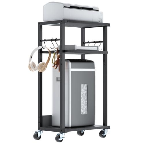 YMYNYモバイルプリンタスタンド 3段プリンタテーブル 木製ラック付きカート 落下防止パネル 高さ...