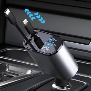 巻き取り式4in1 車 充電器 シガーソケット 4台同時充電 カーチャージャー 巻き取り式充電ケーブル 2本 Type-C100W/Lightn｜kirelab-net