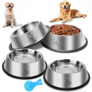 ペットボウル お皿 犬 猫 ペット用 ステンレス製 こぼれにくい 餌入れ 水入れ 滑り止め 犬食器 猫皿 可愛い肉球柄 (L-4点セット)｜kirelab-net