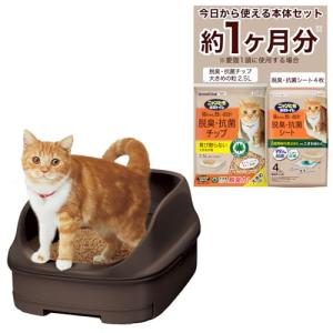 ニャンとも清潔トイレ 猫 トイレ [約1か月分チップ・シート付] オープンタイプ [定番 人気 リビング設置に お掃除 簡単] ブラウン 成猫｜kirelab-net