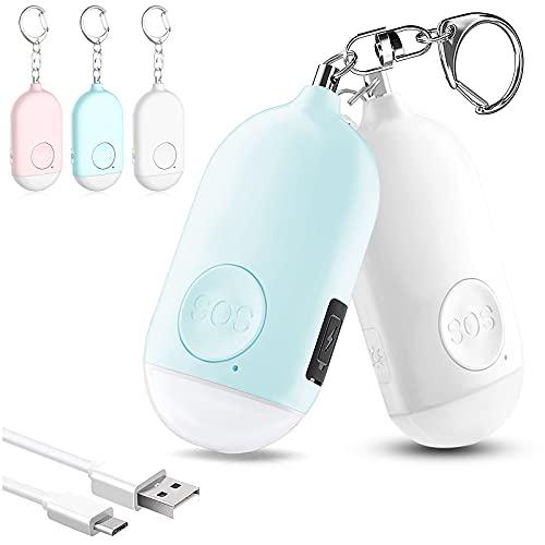 防犯ブザー2個セット ブルー＋ホワイト LEDライト付き 防犯アラーム USB充電式 大音量130d...