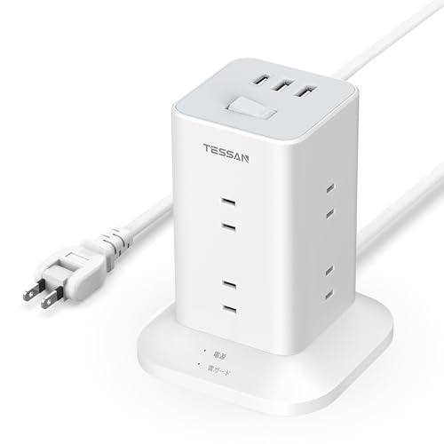 電源タップ タワー 延長コード 2M usb-c付き 8個AC口 1個USB-Cポート 2個USB-...