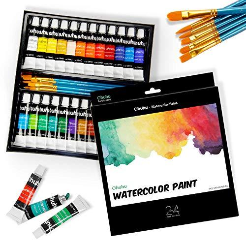 Ohuhu 水彩絵の具セット 24色 6本水彩筆 絵の具 絵具 水彩画セット画材 絵画 透明水彩 白...