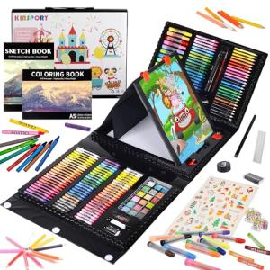 KINSPORY 228個 子供用塗り絵アートセット 絵描画用品キット マーカー クレヨン 色鉛筆 水彩ケーキ 両面描画イーゼル 子供2人遊び用