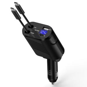 ANNIBER 車シガーソケット充電器 4台同時充電 電圧測定 Type-c巻き取り式ケーブル2本 車載充電器 カーチャージャー iphone1｜kirelab-net