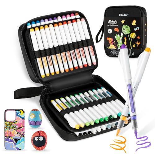 Ohuhu アクリルマーカー 筆タイプ 44色48本セット 直液式 アクリルペン 不透明水性ペン ペ...