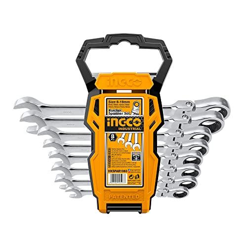 INGCO 首振ラチェットレンチセット 8本組 8-19mm スパナ 組み立て 自動車修理 Cr-V...