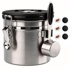 ShanSonコーヒーキャニスター 密封容器 ステンレス コーヒー豆酸化防止 遮光 日付表示 スプーン 単方向排気バルブ付き食品保存缶 砂糖 茶