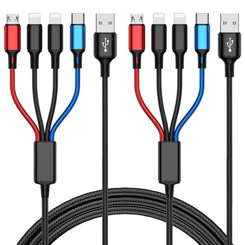 マルチ充電ケーブル 4イン1マルチ充電ケーブル [2本パック-4フィート] ナイロン編組マルチUSB...