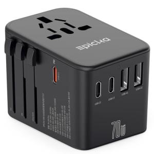 EPICKA 70W PD 急速充電 海外 変換プラグ 全世界対応 C/BF/O/Aタイプ マルチ変換プラグ 3つUSB-Cと2つUSB-Aポー｜kirelab-net