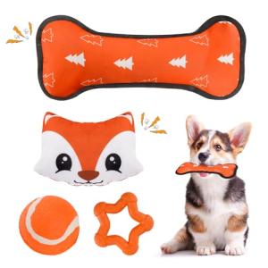 LIFLIX 小型犬 おもちゃ セット 音が鳴るぬいぐるみ 子犬噛むゴムリング 投げるボール ストレス解消 耐久性 キツネ型玩具 4点セット｜kirelab-net