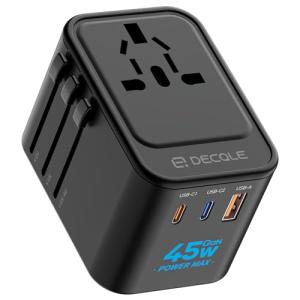 GaN 45W 急速充電 decqle 海外 変換プラグ コンセントマルチ変換プラグ 2 USB-C(GaN45W 急速充電）＆ 1 USB-A