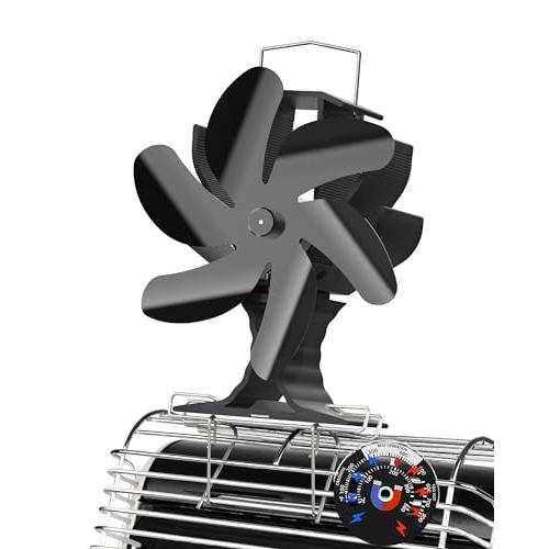 ストーブファ 薪ストーブファン 熱駆動 6枚羽根暖炉ファンブラケット ン ヒーターファン 磁気温度計...