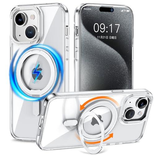 KMAMBNG iPhone 15 用 ケース 縦横両対応 リング 多機能360度回転スタンドMag...