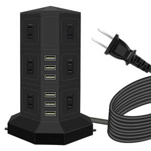 電源タップ 縦型コンセント タワー式 オフィス 会議用 USB急速充電 約2m スイッチ付 12口 ３層 黒｜kirelab-net